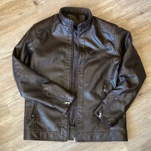 Dark brown leather look jacket, zip front, zip pockets, great condition